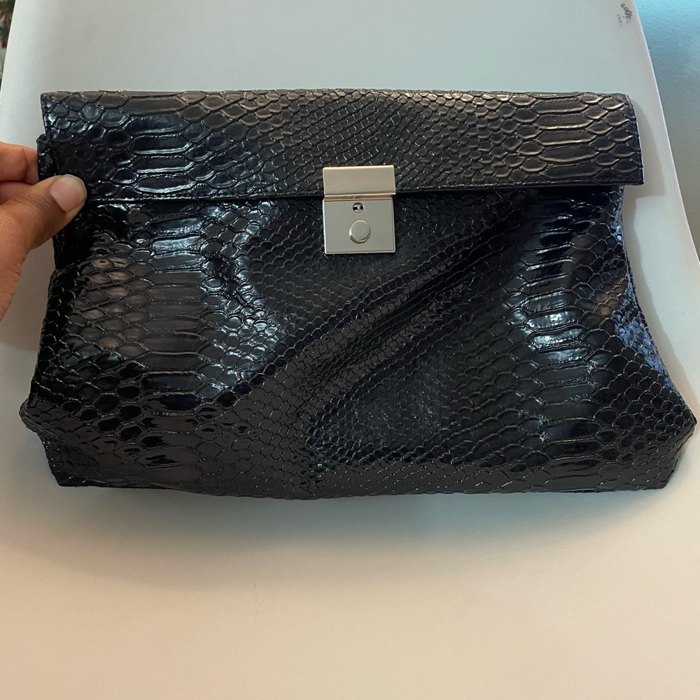 Black Faux Python Foldover Clutch w/ Optional Chain Strap Silver Hardware